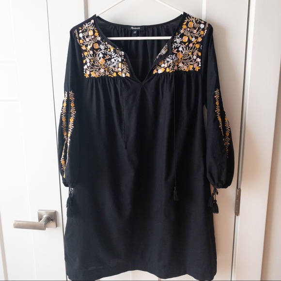 Madewell Black Colorful Floral Embroidered Slit Sleeves Tassel Mini Dress Size M - Picture 2 of 6
